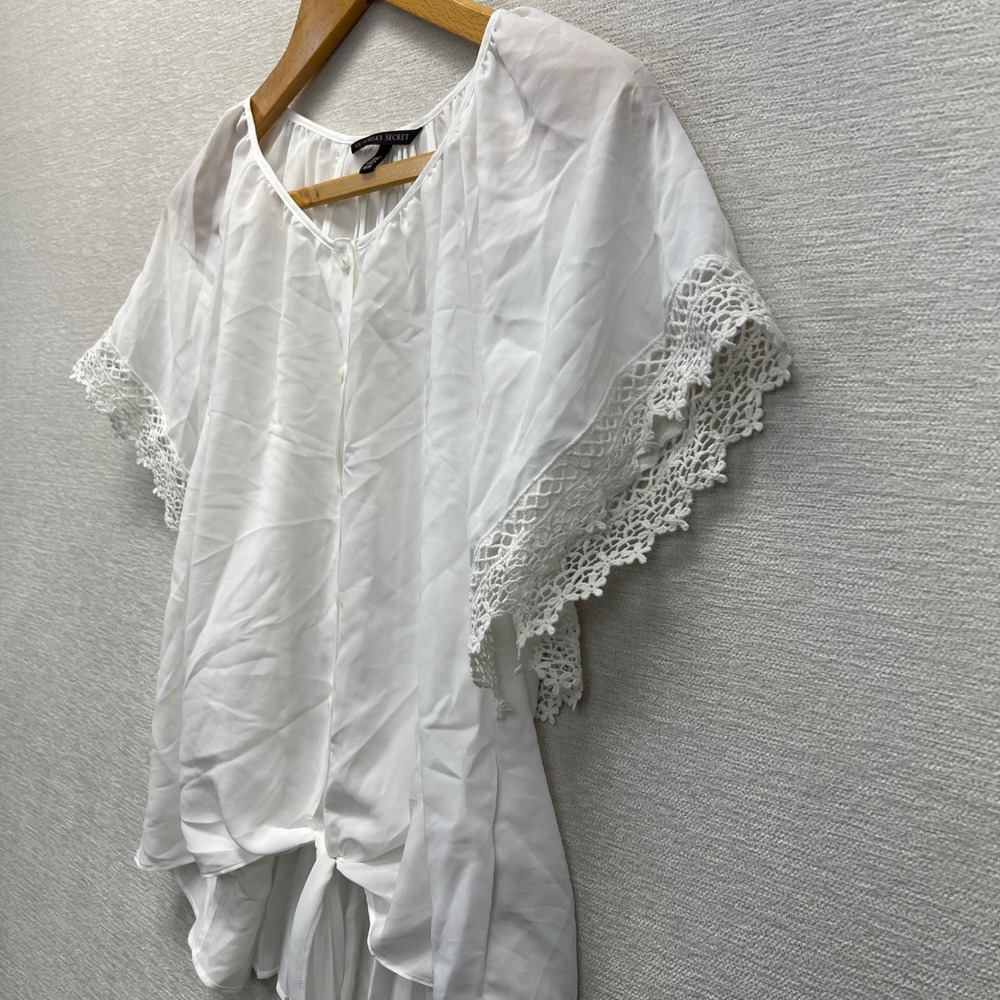 Victoria's Secret Blouse Womens Medium White Crochet Lace Flutter Tie Front Top - Picture 7 of 10